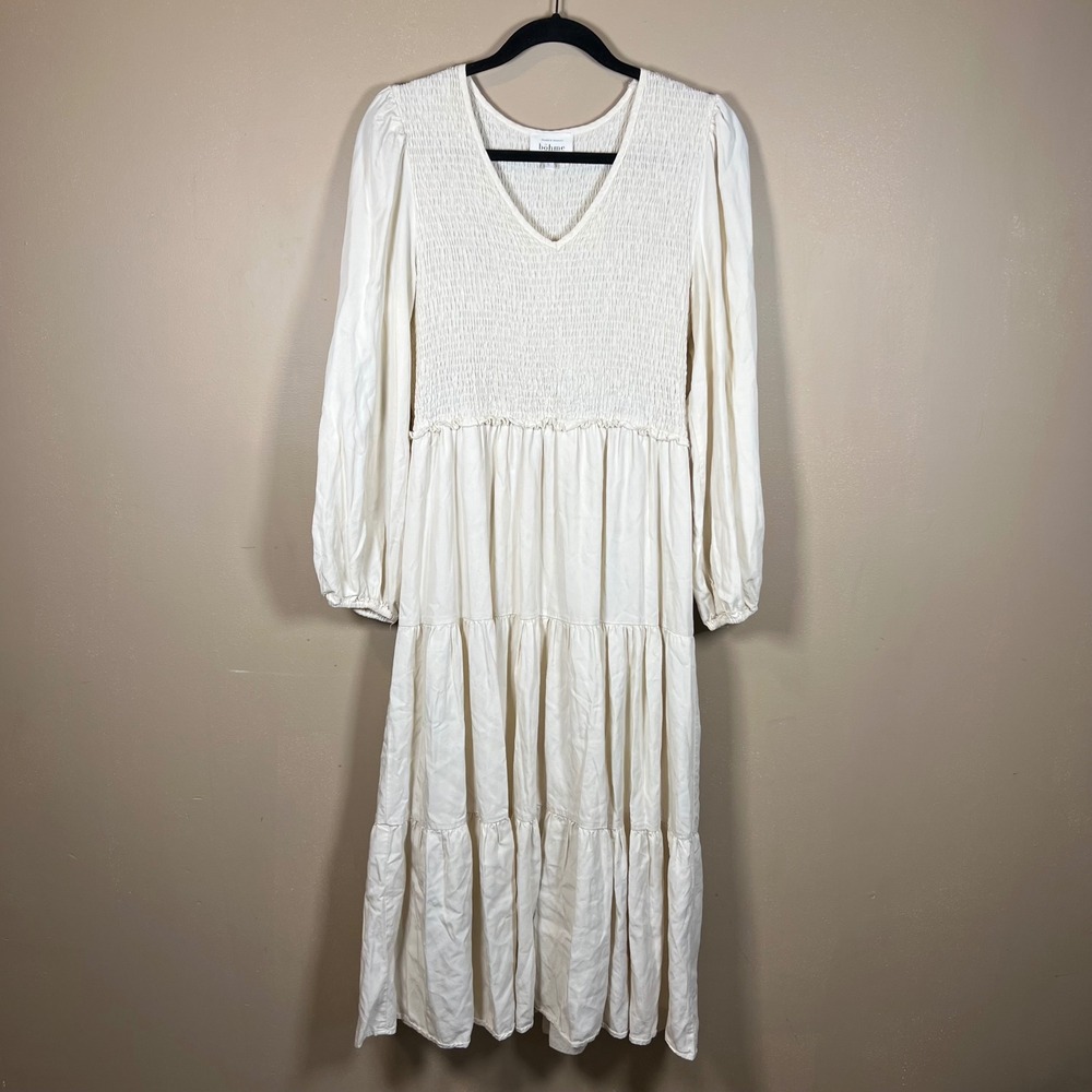 Bohme Cream Smocked Tiered Midi Dress Long Sleeve V-Neck ND32036 Womens L